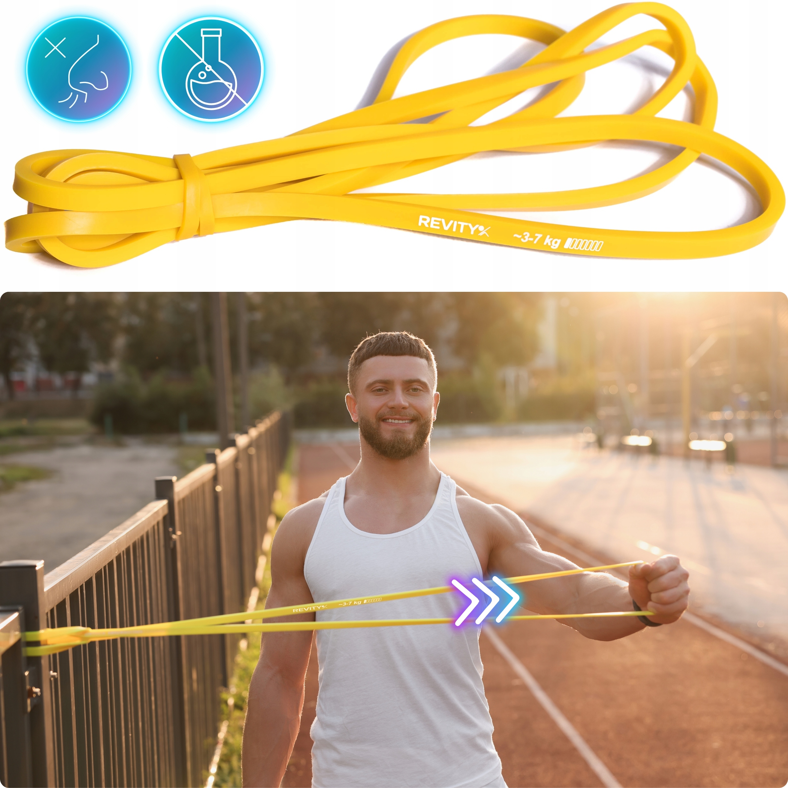TAŚMA GUMA DO ĆWICZEŃ ROZCIĄGANIA ROZGRZEWKI ŻÓŁTA OPÓR 3-7 KG POWER BAND Szerokość 45 mm