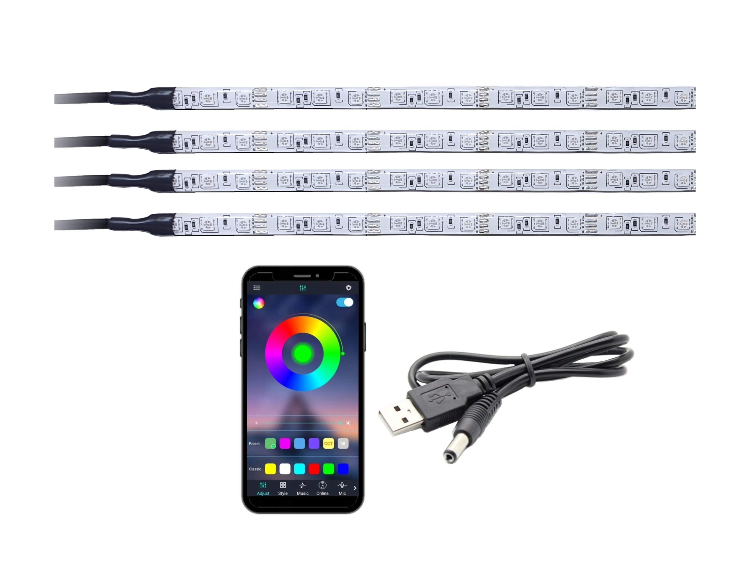 LED wnętrza kabiny RGB 4x30cm BLUETOOTH USB 5V