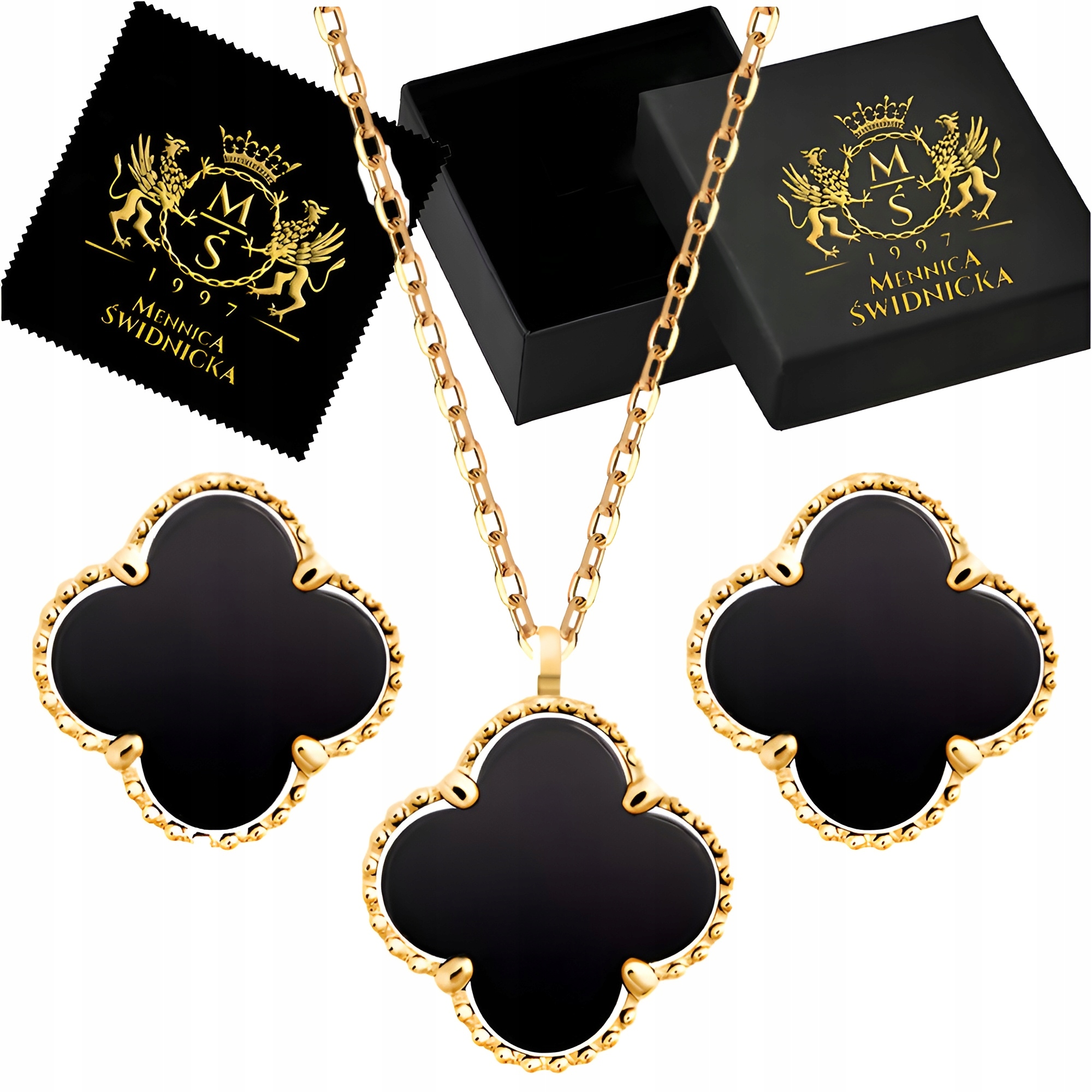 Złoty Komplet Koniczynki Kolczyki i Naszyjnik z Czarnym Onyxem Srebro 925