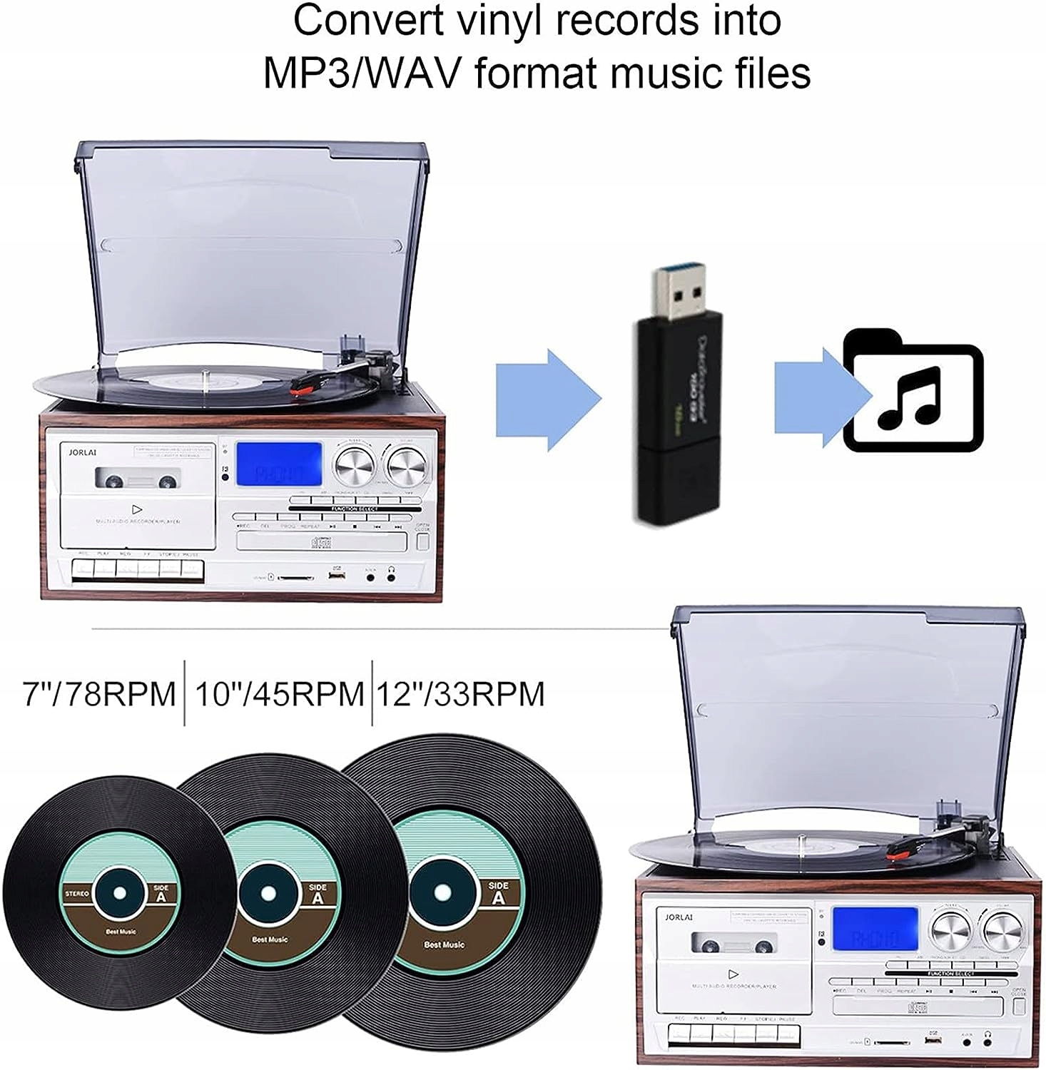 ODTWARZACZ WINYLOWY Z BLUETOOTH USB JORLAI LCD Kod producenta 876037