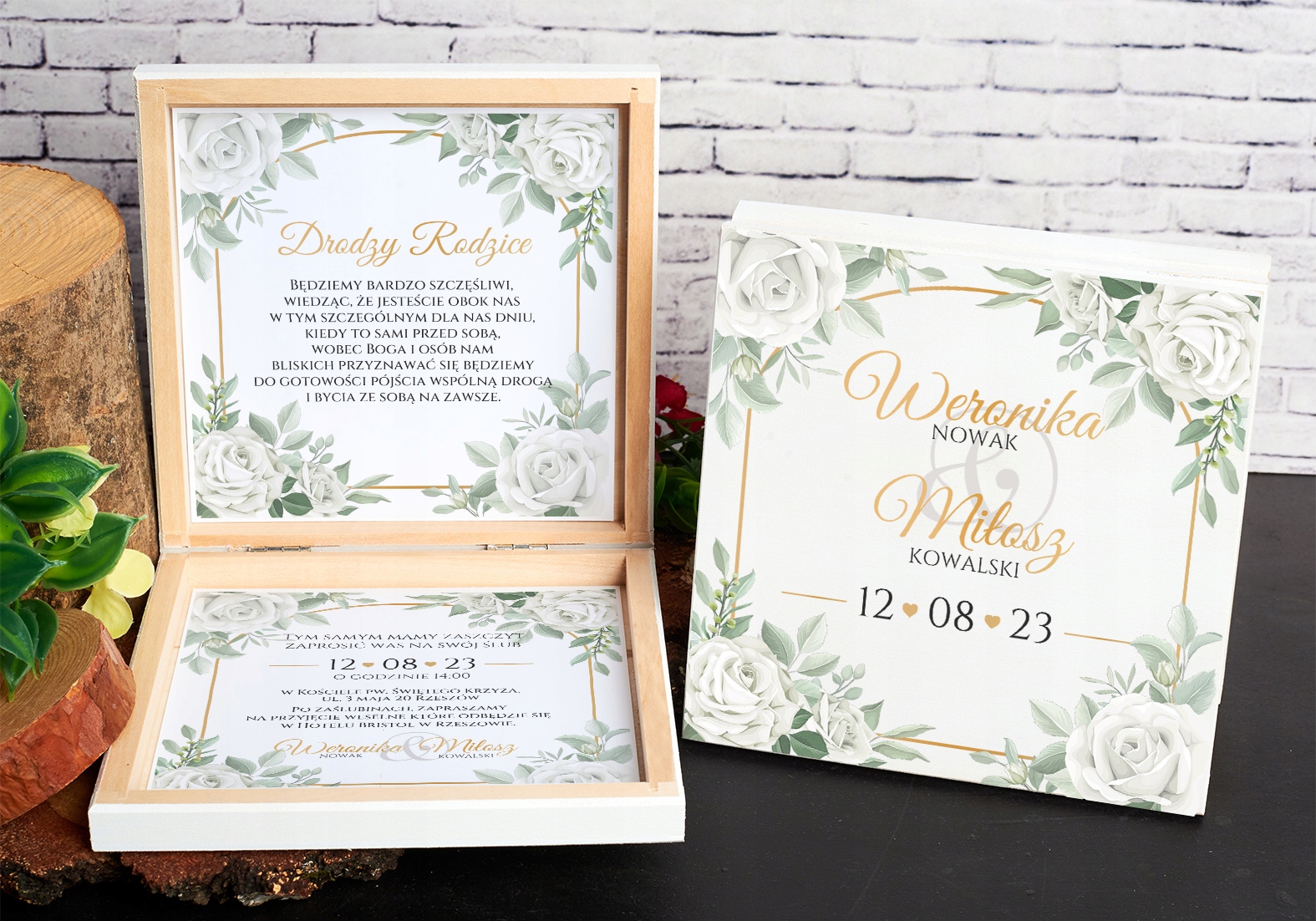 PUDEŁKO DREWNIANE ZAPROSZENIE PROŚBA DLA RODZICÓW NA ŚLUB WESELE BIAŁE Z2 Wysokość produktu 14.5 cm
