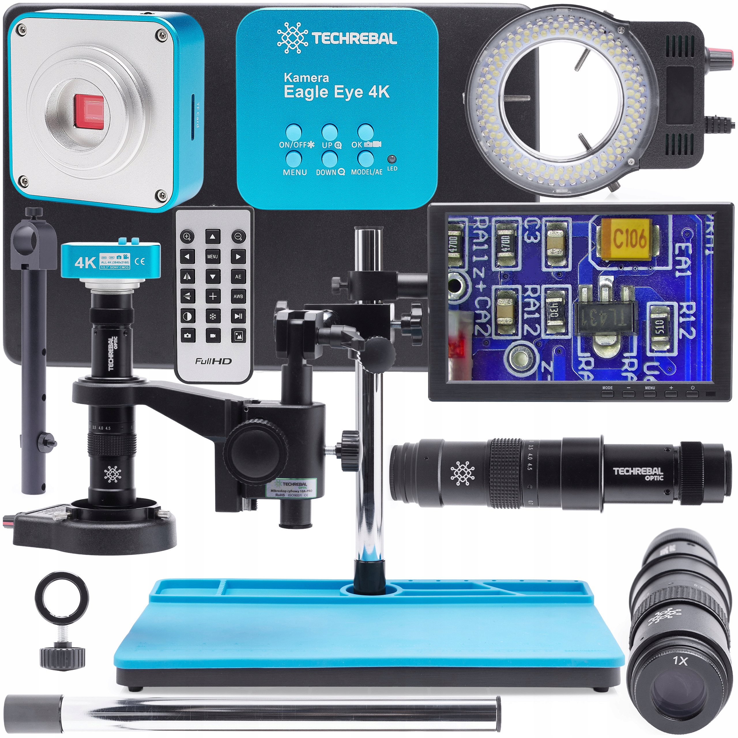 Digitální Mikroskop Techrebal 10A Pro Světlo 144X Kamera 4K Monitor 10" Podložka