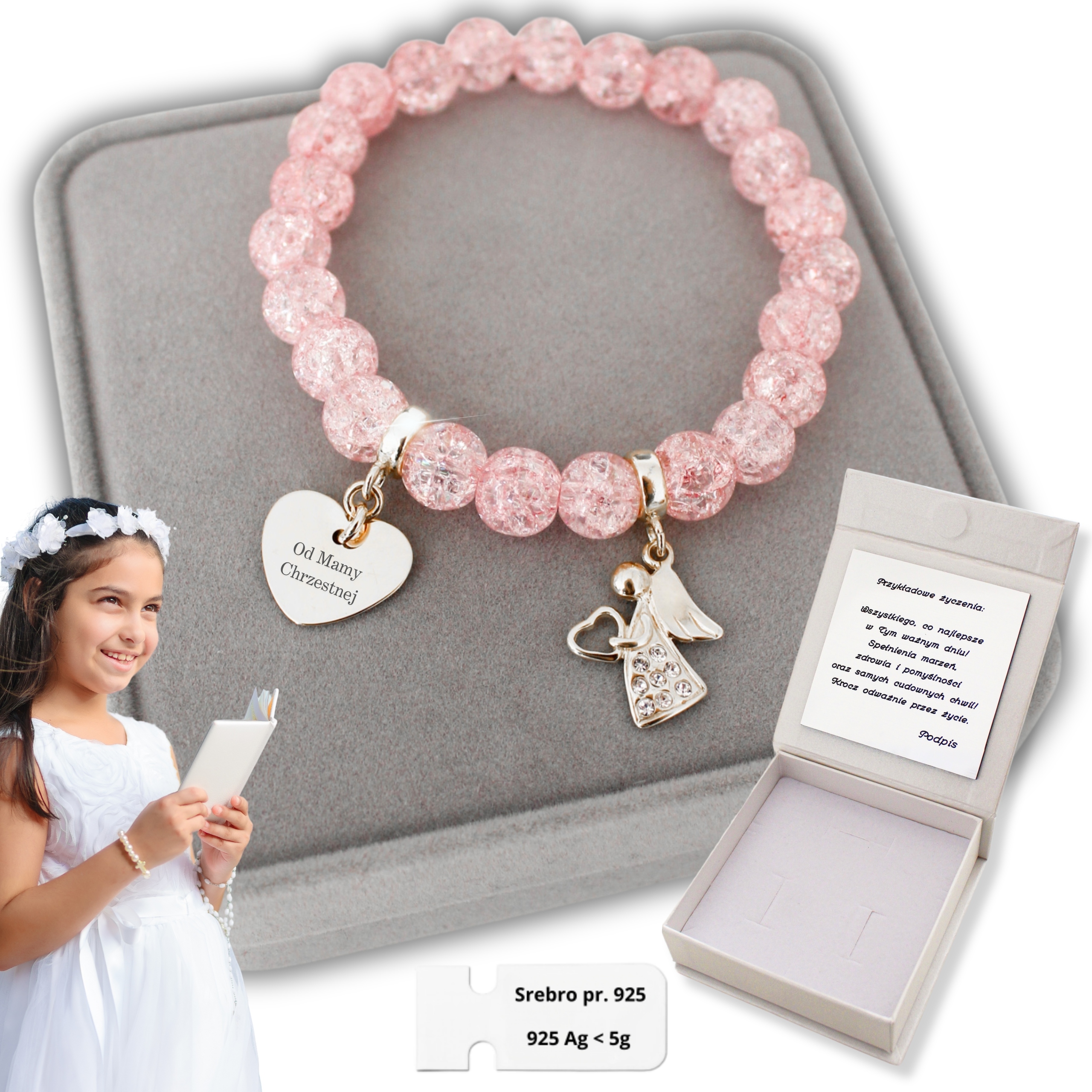 Stříbrný náramek s andělem Srdce pro dívku na svaté přijímání Gravírování 925