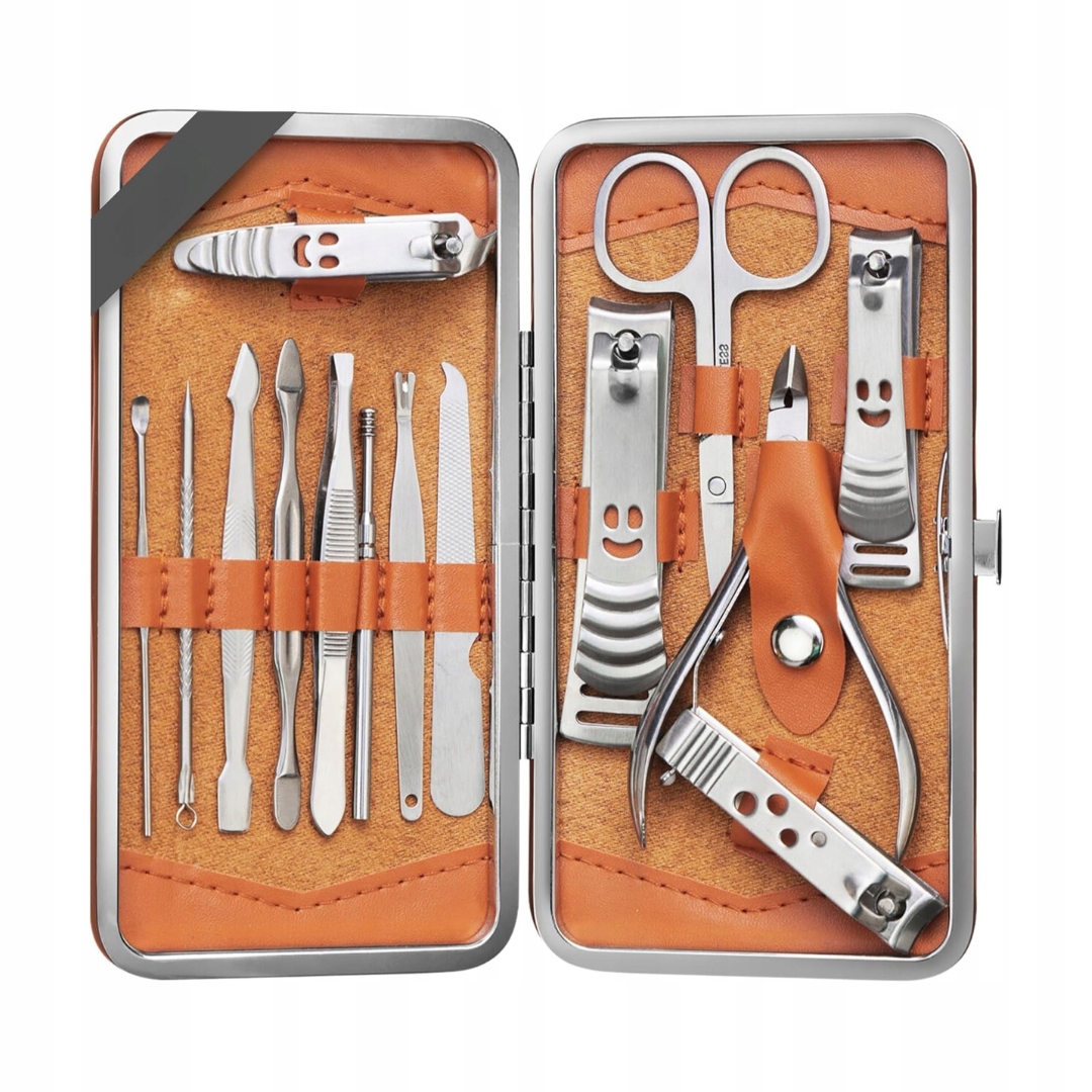 Cestovní sada pro manikúru a pedikúru, 14 prvků z oceli, kožené Pouzdro