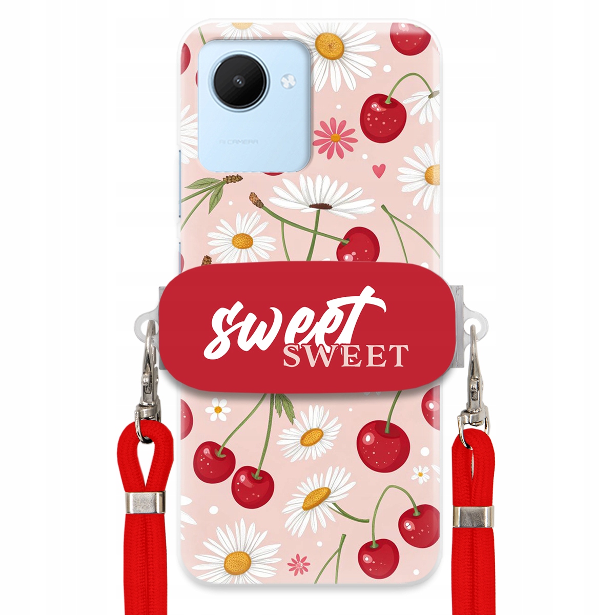 Puzdro pre Realme C30 Červené vodítko držiak Sweet Sweet Čerešňa a sedmokráska