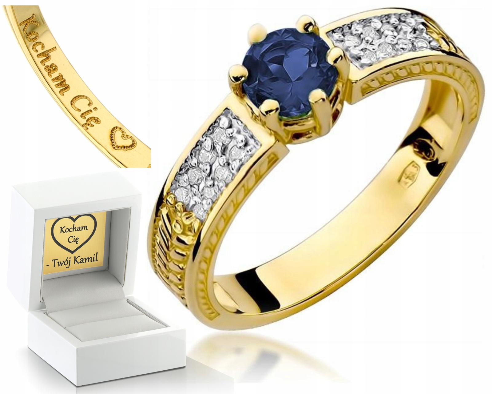 Zlatý Prstýnek S Safírem A Brilianty Gravírování