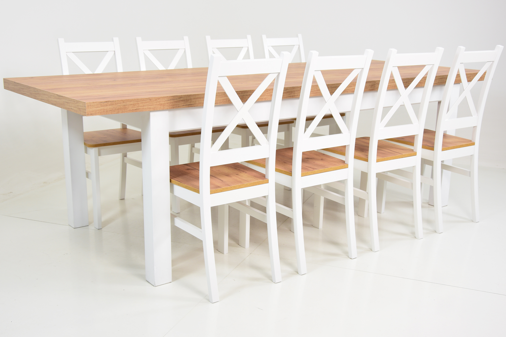 BIAŁY KOMPLET Rozkładany stół do 3m i 8 KRZESEŁ Kształt blatu prostokątny