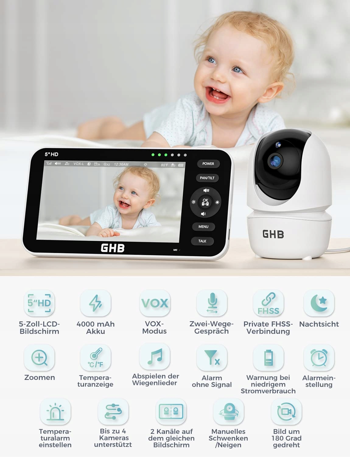 GHB Niania Elektroniczna Kamera 5 Cali 720P HD Wyświetlacz VOX Tryb Nocny — miniatura 3