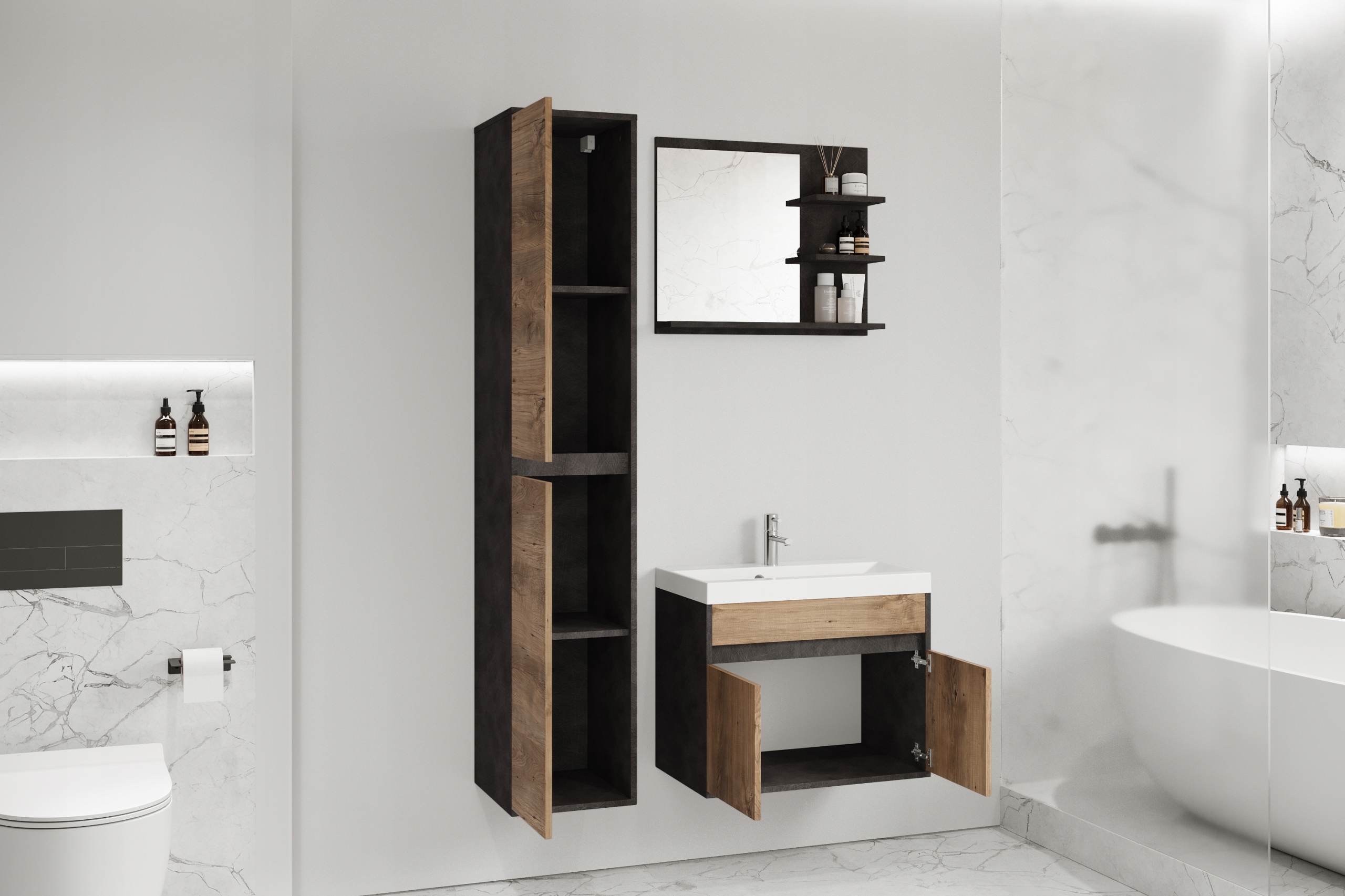 ZESTAW MEBLI ŁAZIENKOWYCH Z LUSTREM I UMYWALKĄ KOMPLET Marka Bratex