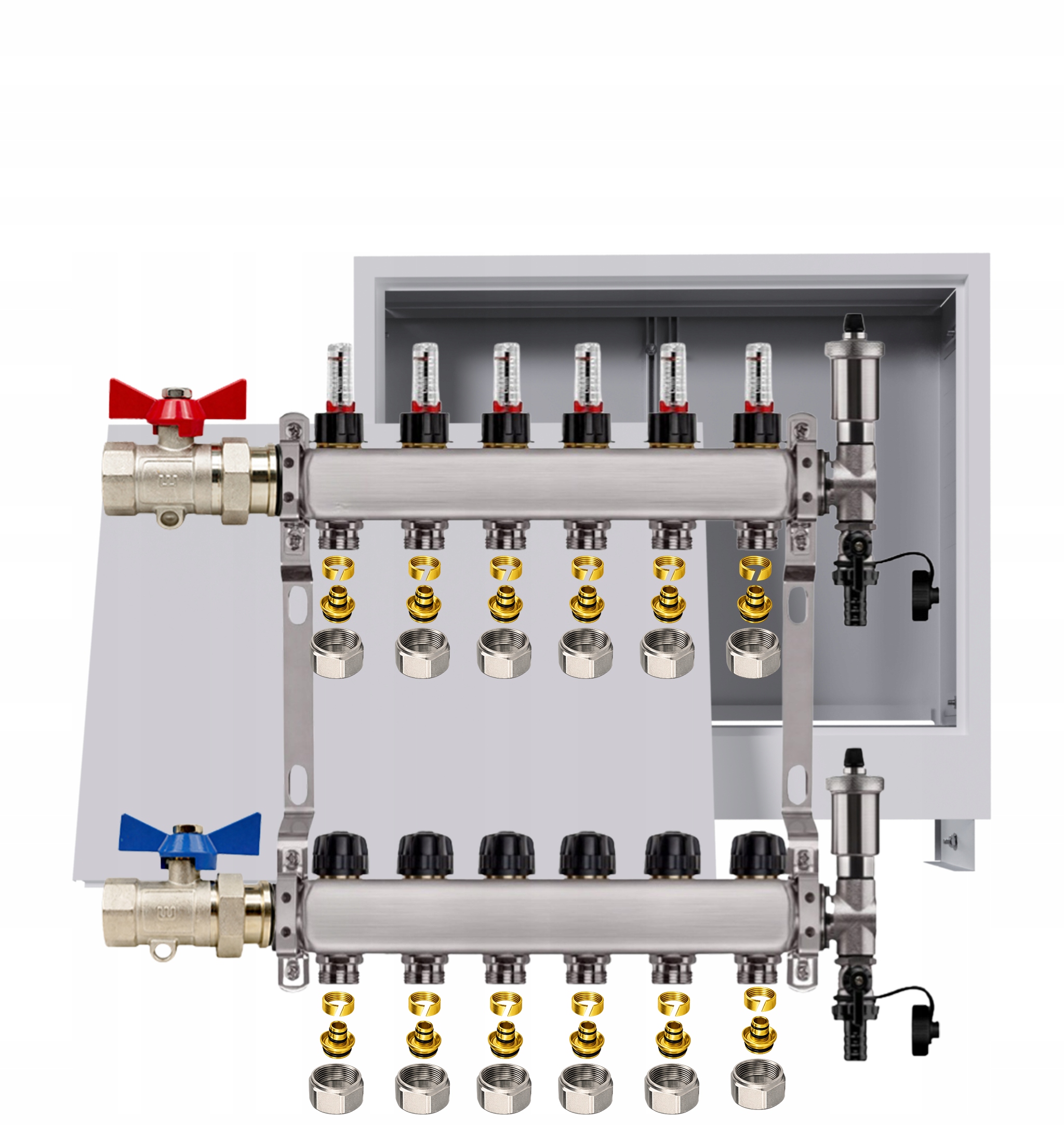 Nerezový rozdělovač na podlahy 6 okruhů podomítková skříňka Pex