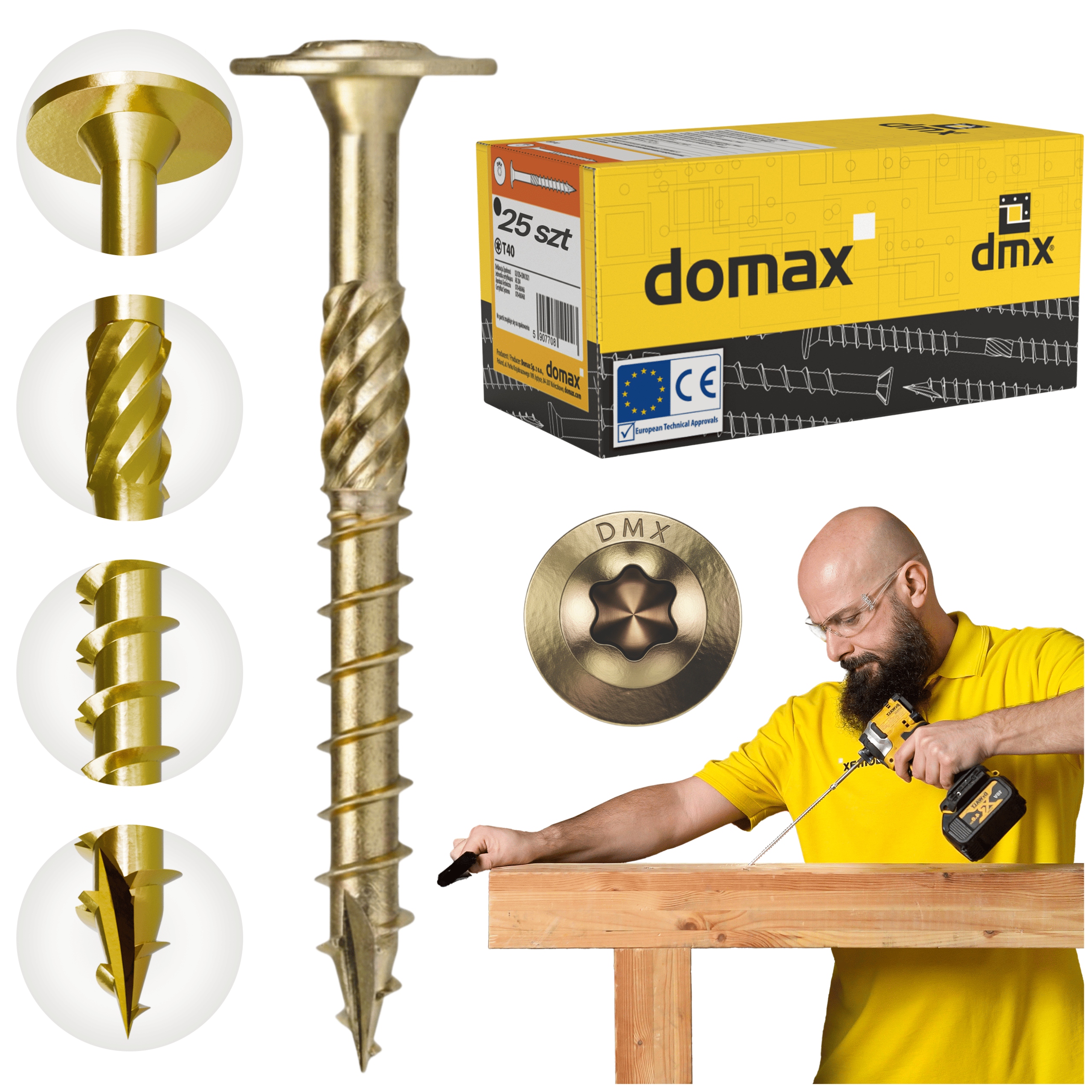 Tesařské Vruty 10x280 Talířové Torx 25 ks Do Dřeva Domax Ct Zlaté