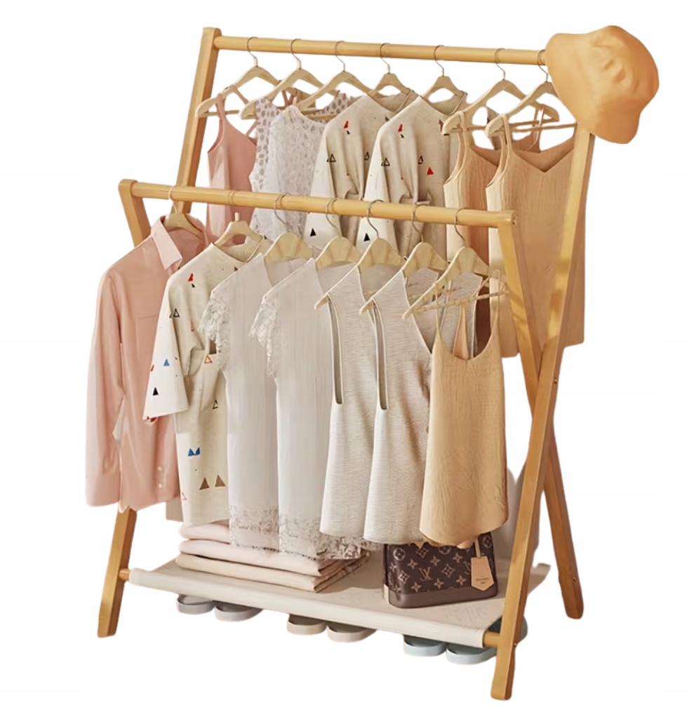 Wieszak Stojący Dikom Bambusowy Boho Na Ubrania Z Materiałową Półką Na Buty