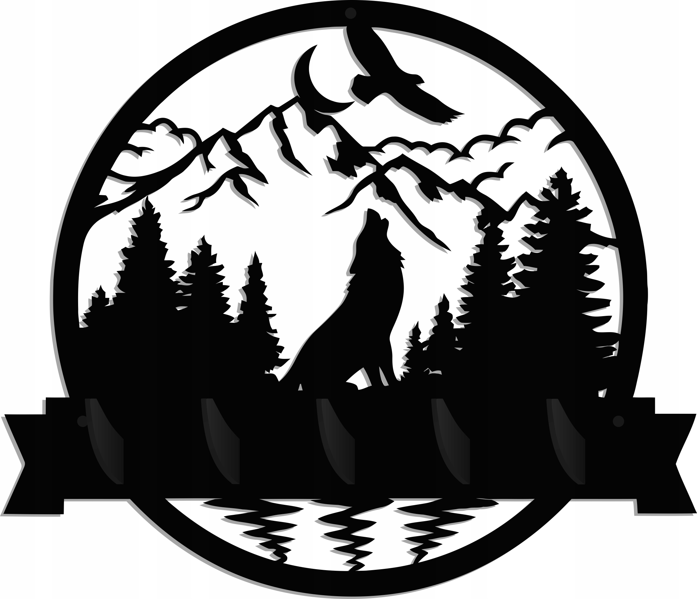 Velké nástěnné věšáky na oblečení s loveckým motivem, prolamovaný vlk, les, hory