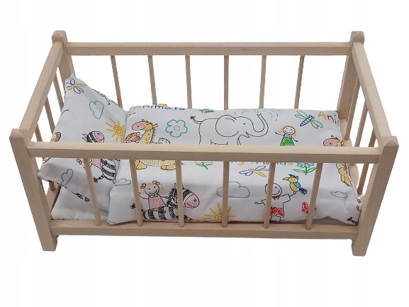 Drewniane łóżeczko dla lalek + POŚCIEL+ MATERAC