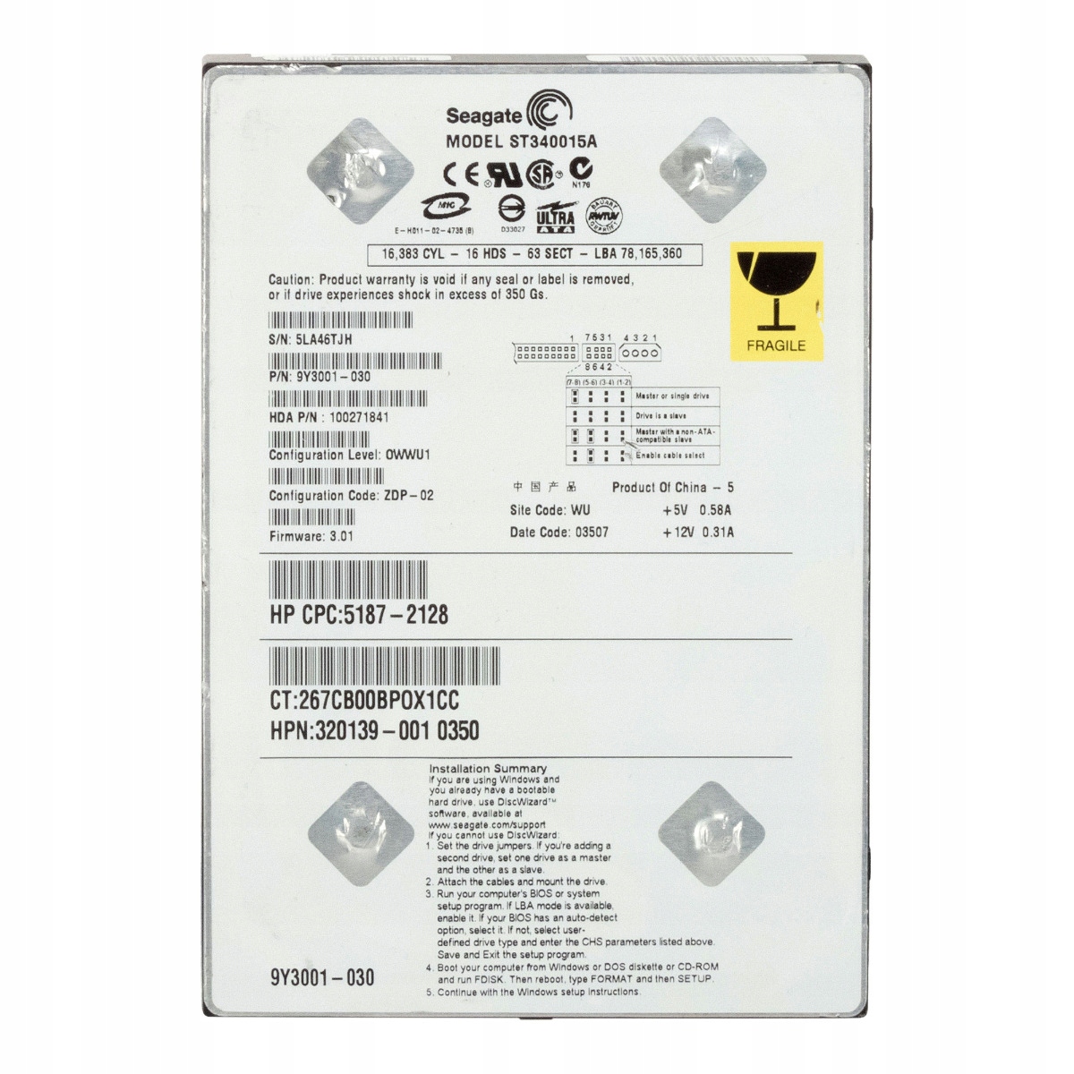 Hp 320139-001 5187-2128 40GB 5.4K 2MB Ata 3.5'' ST340015A