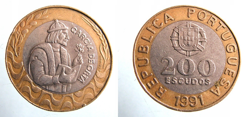 7430. PORTUGALIA,, 200 ESCUDOS 1991, 28mm.