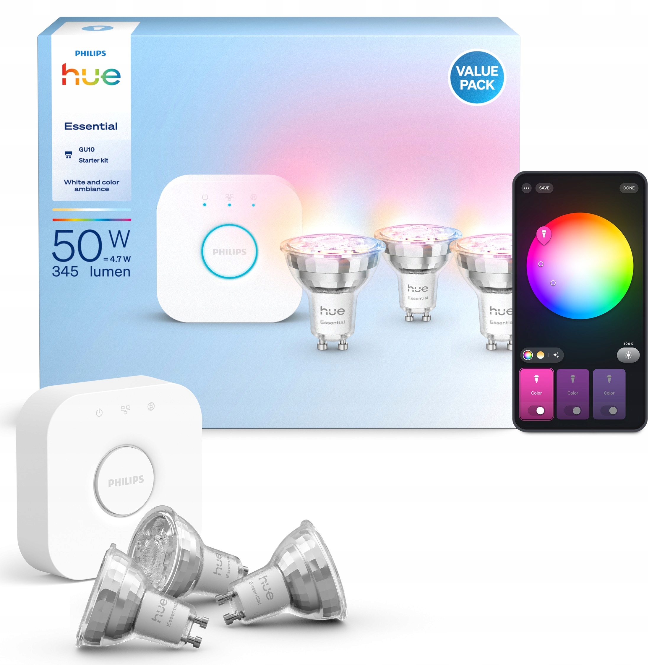 Żarówka LED GU10 4,7W RGB Inteligentna 3 szt. Mostek Philips HUE Essential