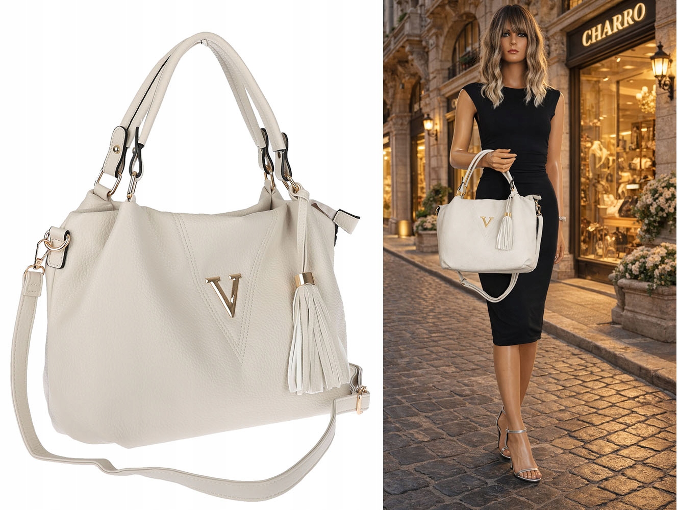 Torebka damska Charro z eko skóry shopper z frędzlami CH167 Beżowa