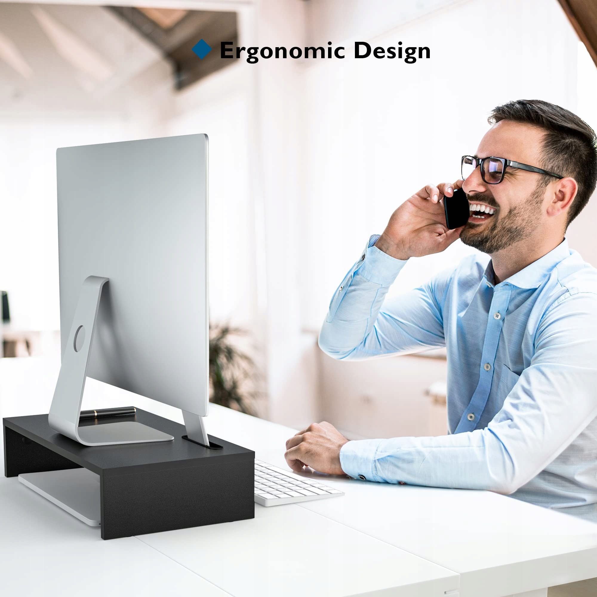 BONTEC Stojak Pod Monitor Ergonomiczny Z Uchwytami Na Telefon Laptop PC — miniatura 6