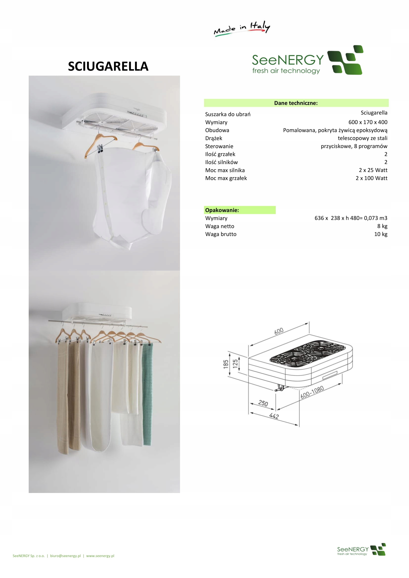 Suszarka do ubrań ścienna Sciugarella SeeNERGY Maksymalny wsad 8 kg