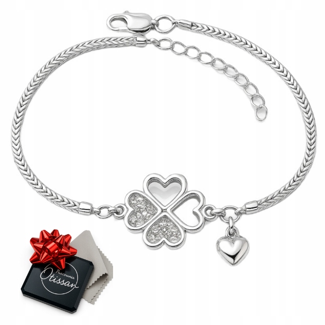 Bransoletka srebrna koniczynka z cyrkoniami i sercem biżuteria damska 925