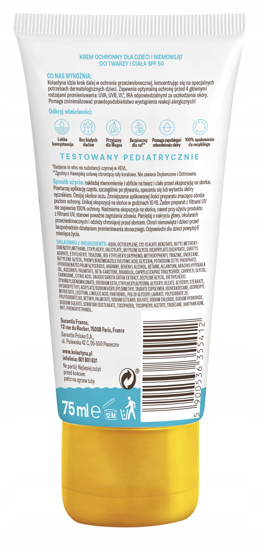 KREM OCHRONNY PRZECIWSŁONECZNY DLA DZIECI NIEMOWLĄT KOLASTYNA SPF 50 75ML Stan opakowania oryginalne