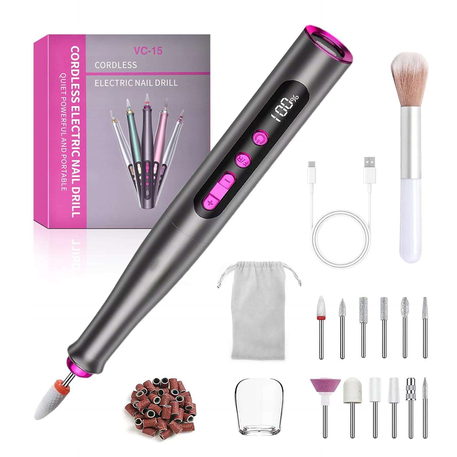 Mini Vrtačka Na Nehty Set Usb 35000 Ot/min 5 Rychlostních Stupňů