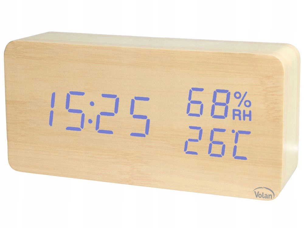 Elektronický Led budík dřevěný stojící – Datum Teploměr Vlhkoměr