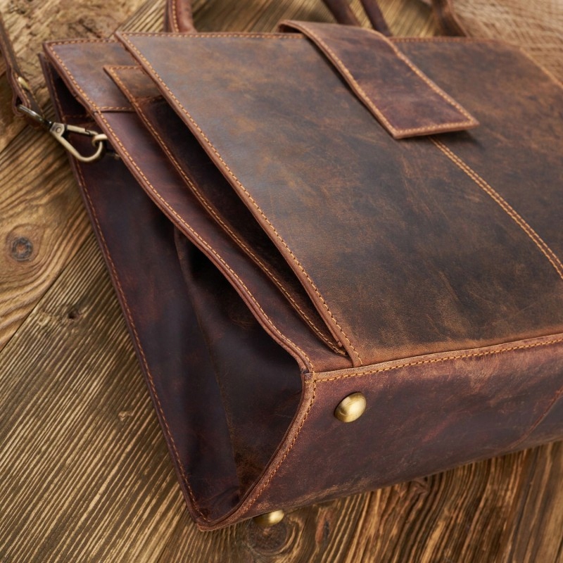 TECZKA TORBA VINTAGE DAMSKA SKÓRZANA AKTÓWKA DO RĘKI NA RAMIĘ A4 BRĄZOWY Wzór dominujący bez wzoru