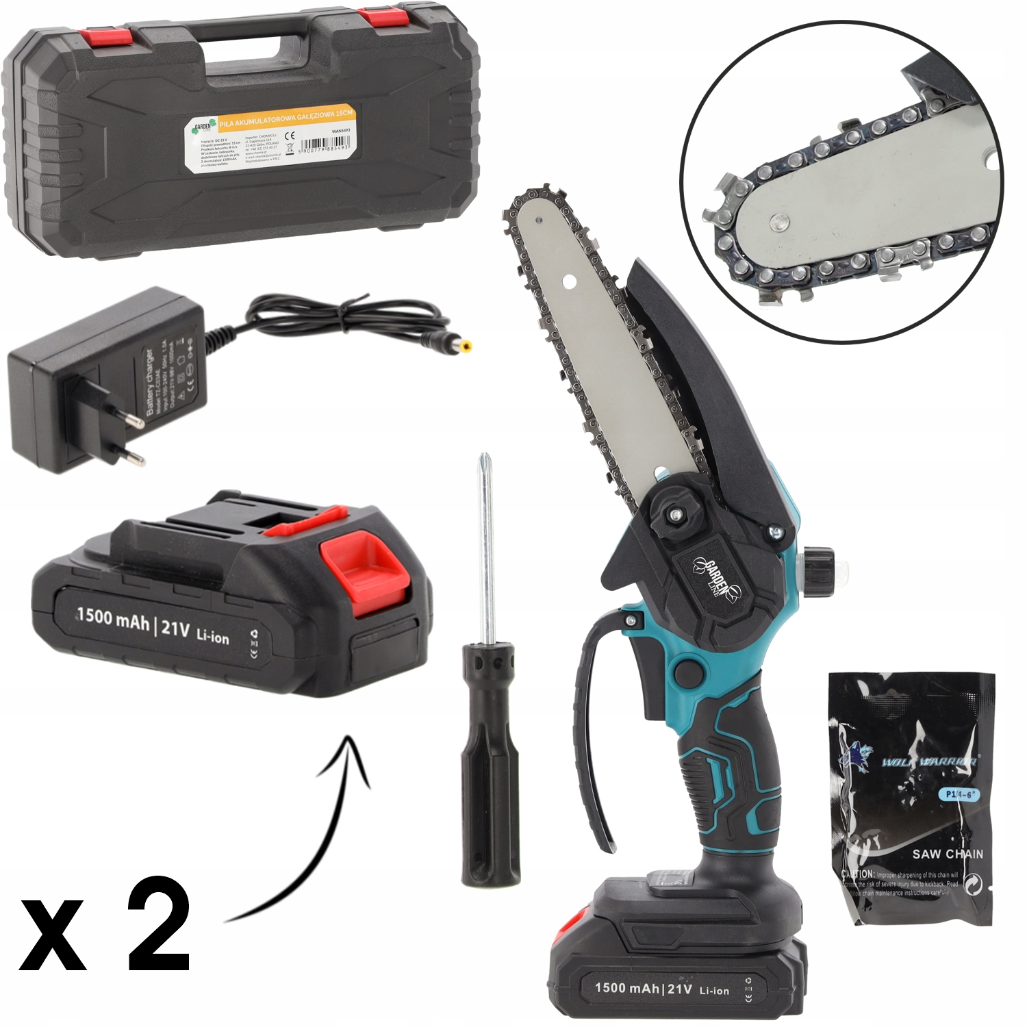 Piła Łańcuchowa Pilarka Akumulatorowa Gałęziówka 2xAKU 2x Łańcuch Walizka