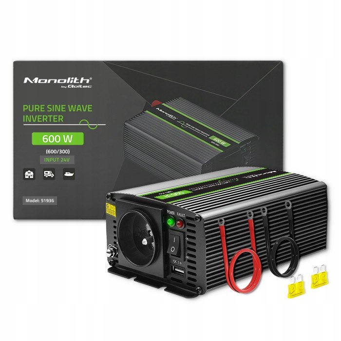 Qoltec Monolith menič napätia 300 W 600 W 24 V na 230 V Čistý