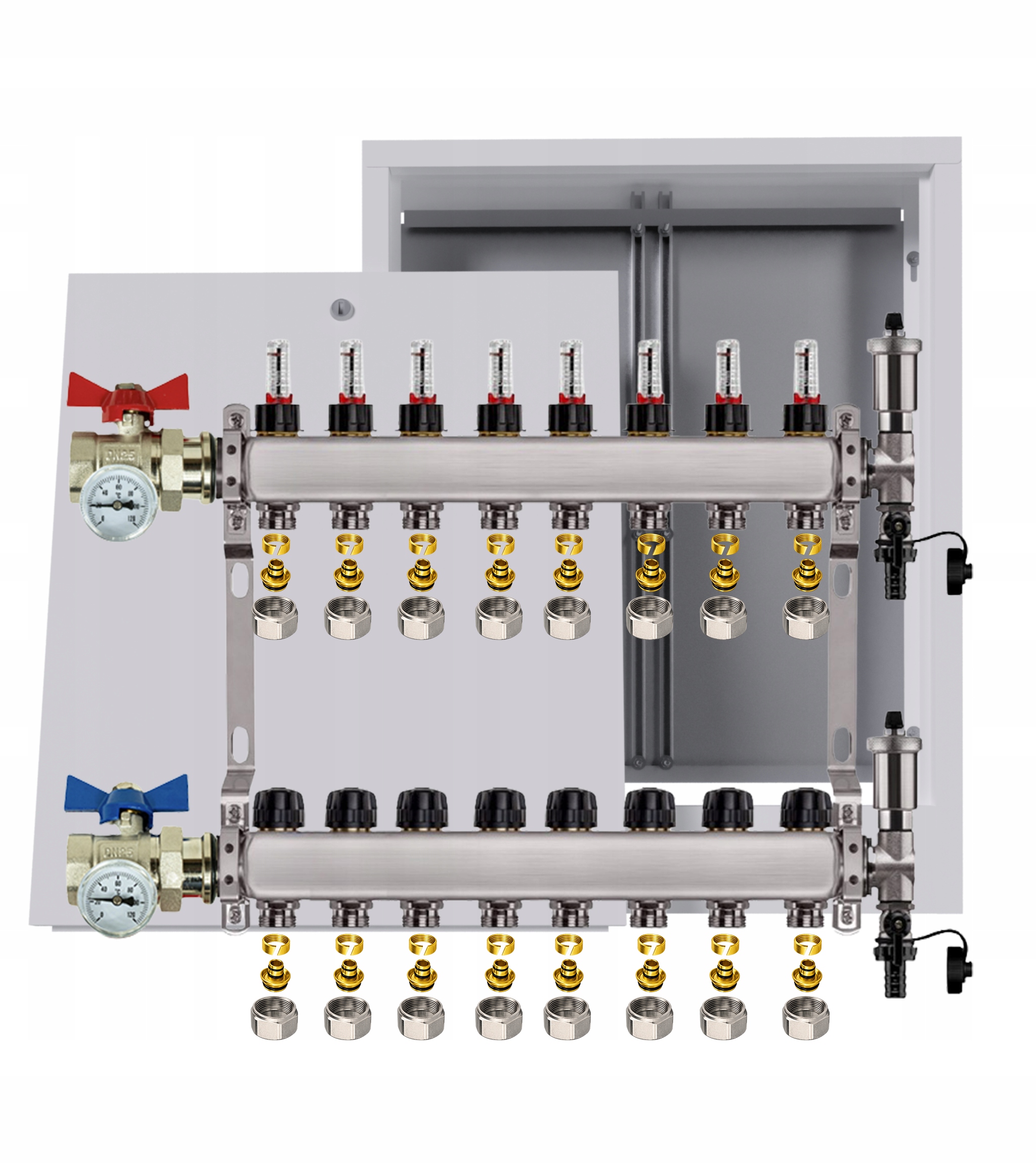 Nerezový rozdělovač podlahy 8 okruhů box ventily Pex