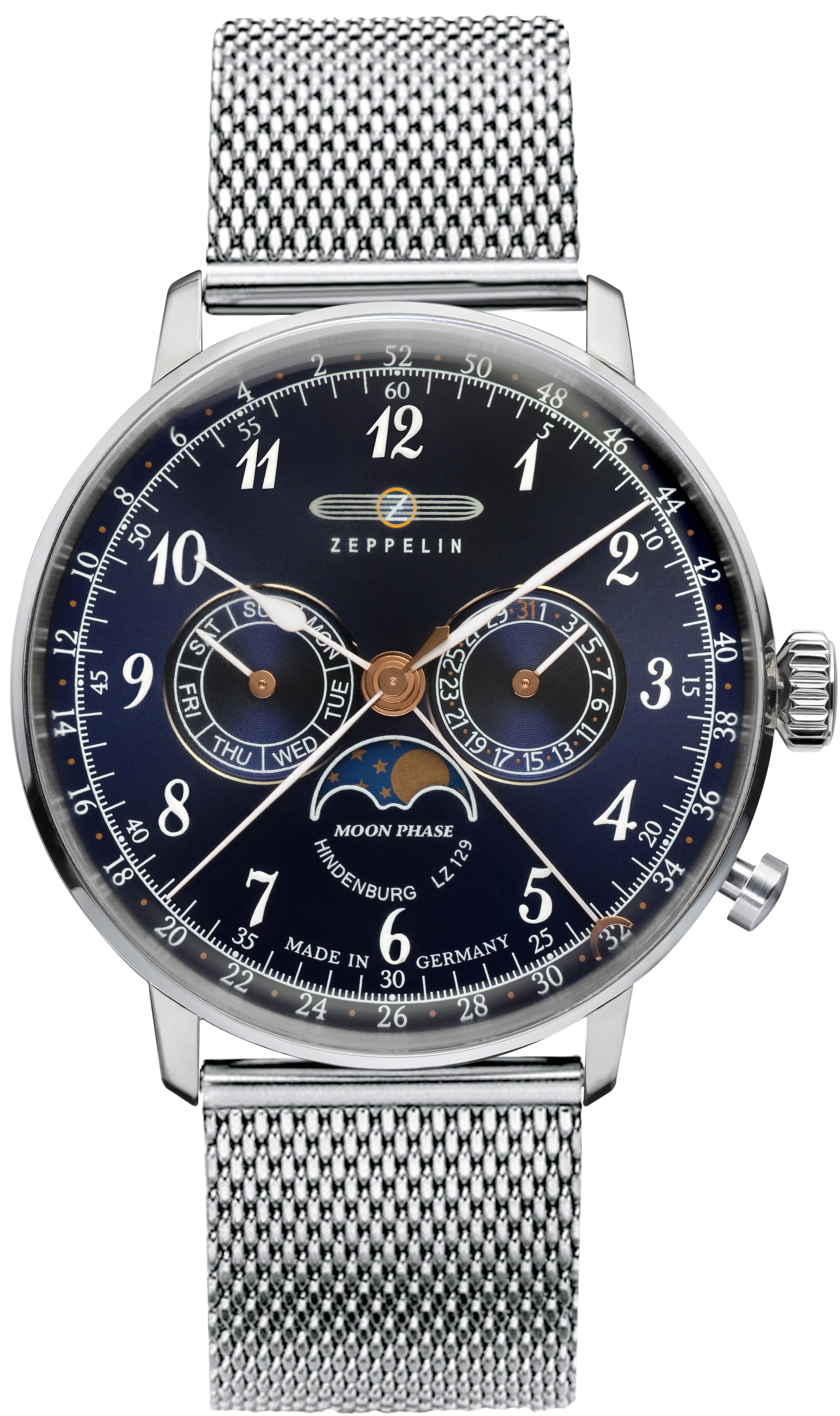 Nové Originální Pánské hodinky Zeppelin Hindenburg 7036M-3 stříbrné, datace