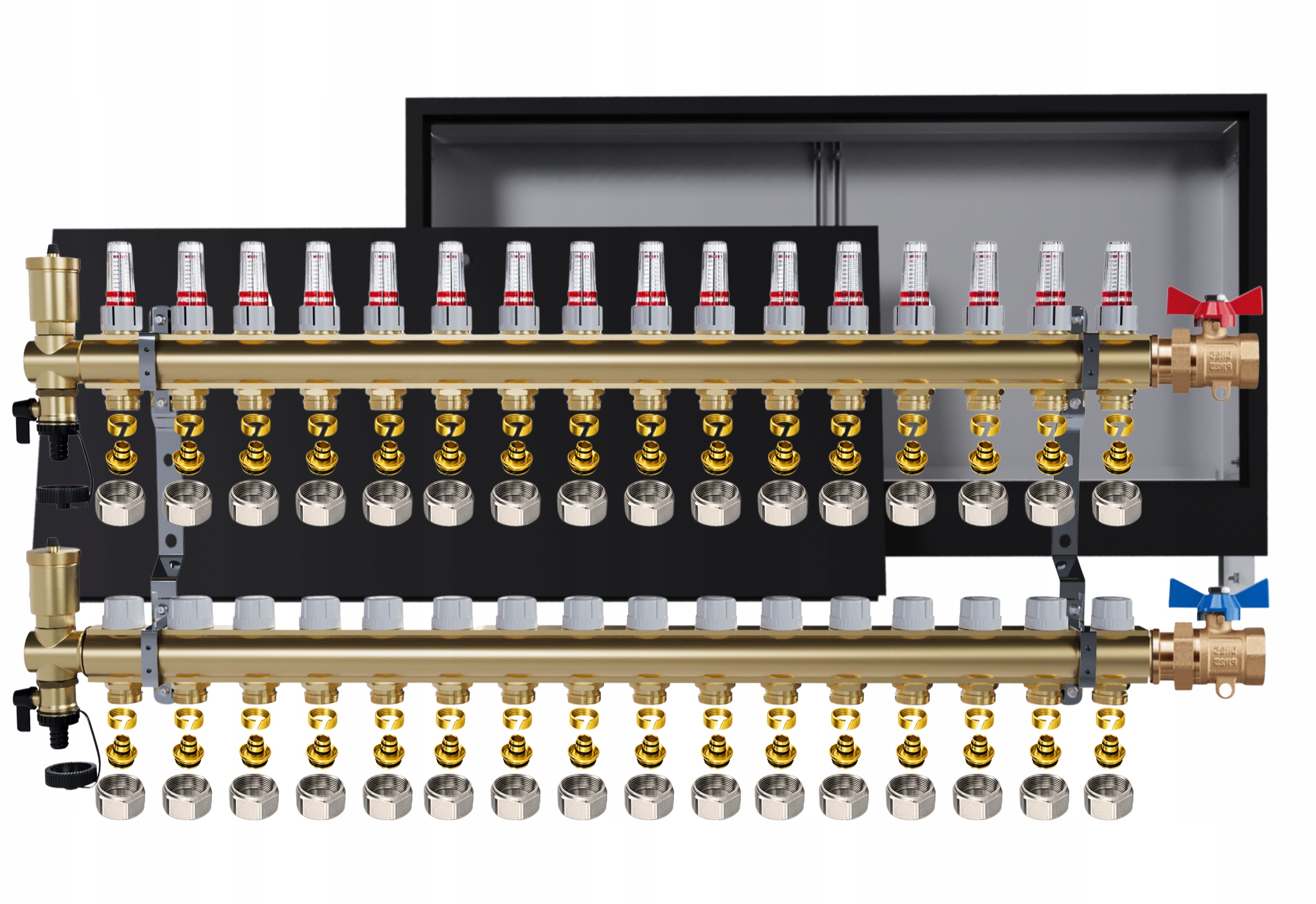 Rozdělovač podlahy mosazný 16 okruhů Podomítkový černý Ventily Pex