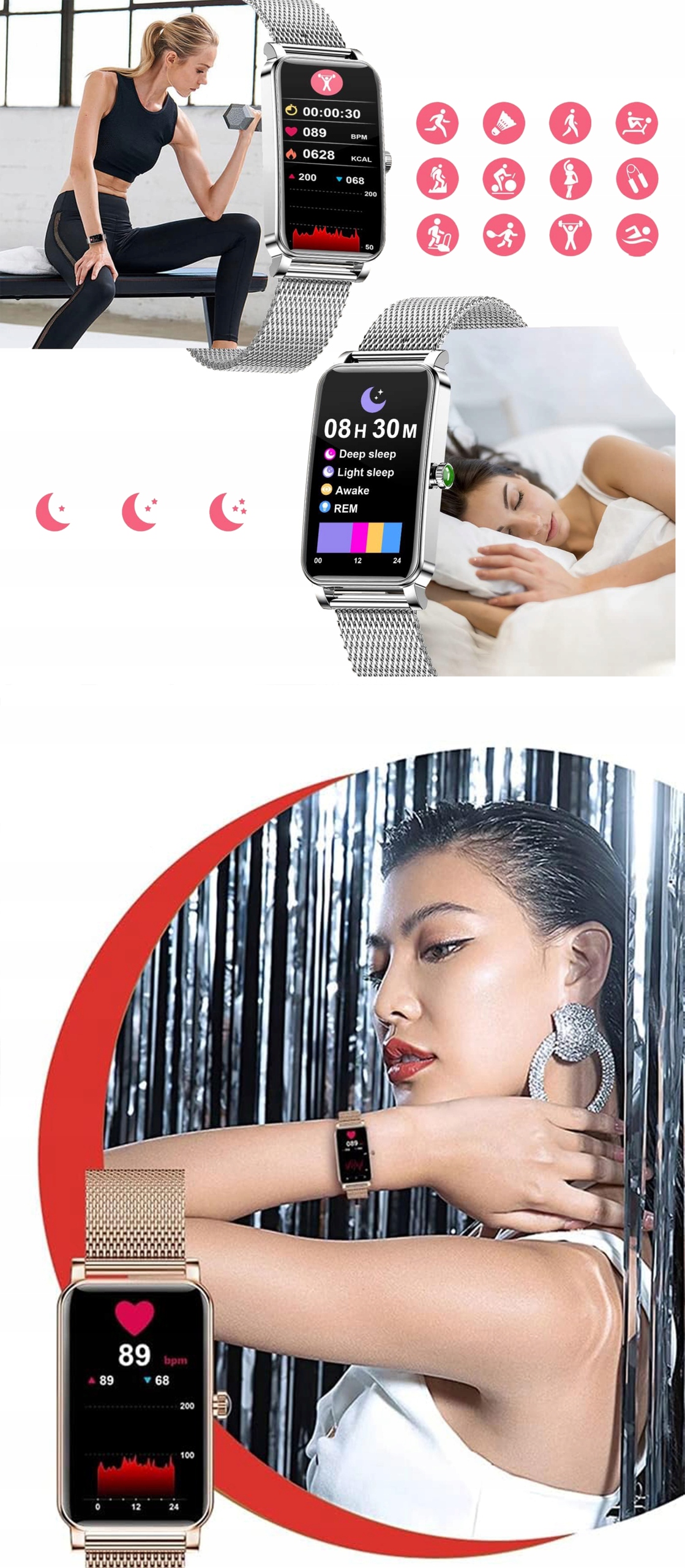 ZEGAREK SMARTWATCH SMARTBAND SPORTOWY PRO PULS SPORT DAMSKI FIT OPASKA SMS Wodoszczelność poniżej 20m = WR20