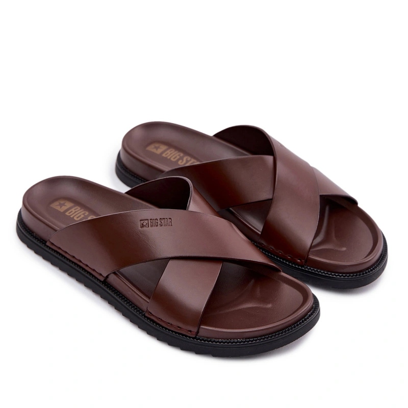 Pánské Pantofle Z Přírodní Kůže Big Star TT174218 Tmavě Hnědé 41
