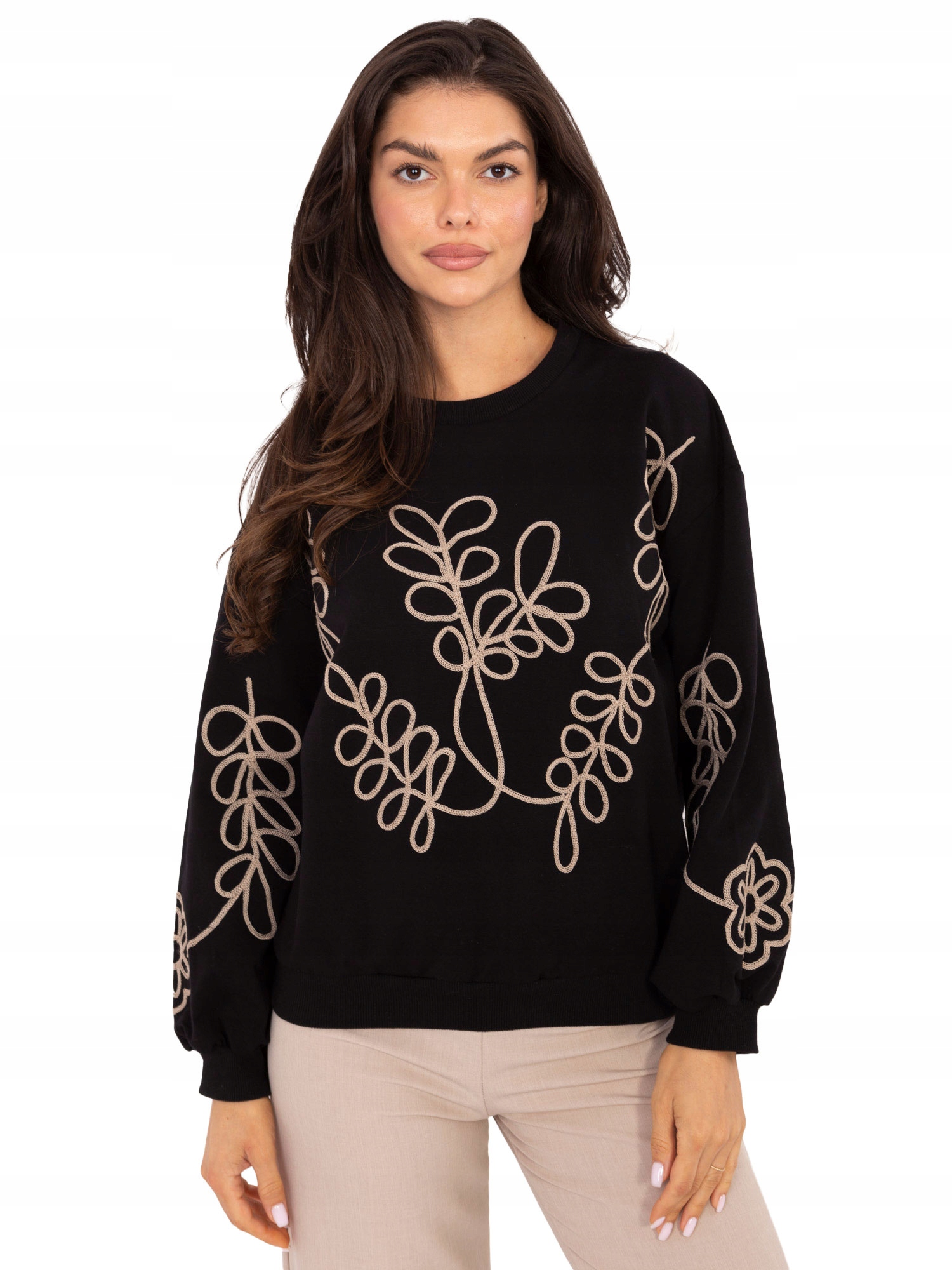 Bluza z Haftem Damska Bawełniana Bez Kaptura Okrągły Dekolt