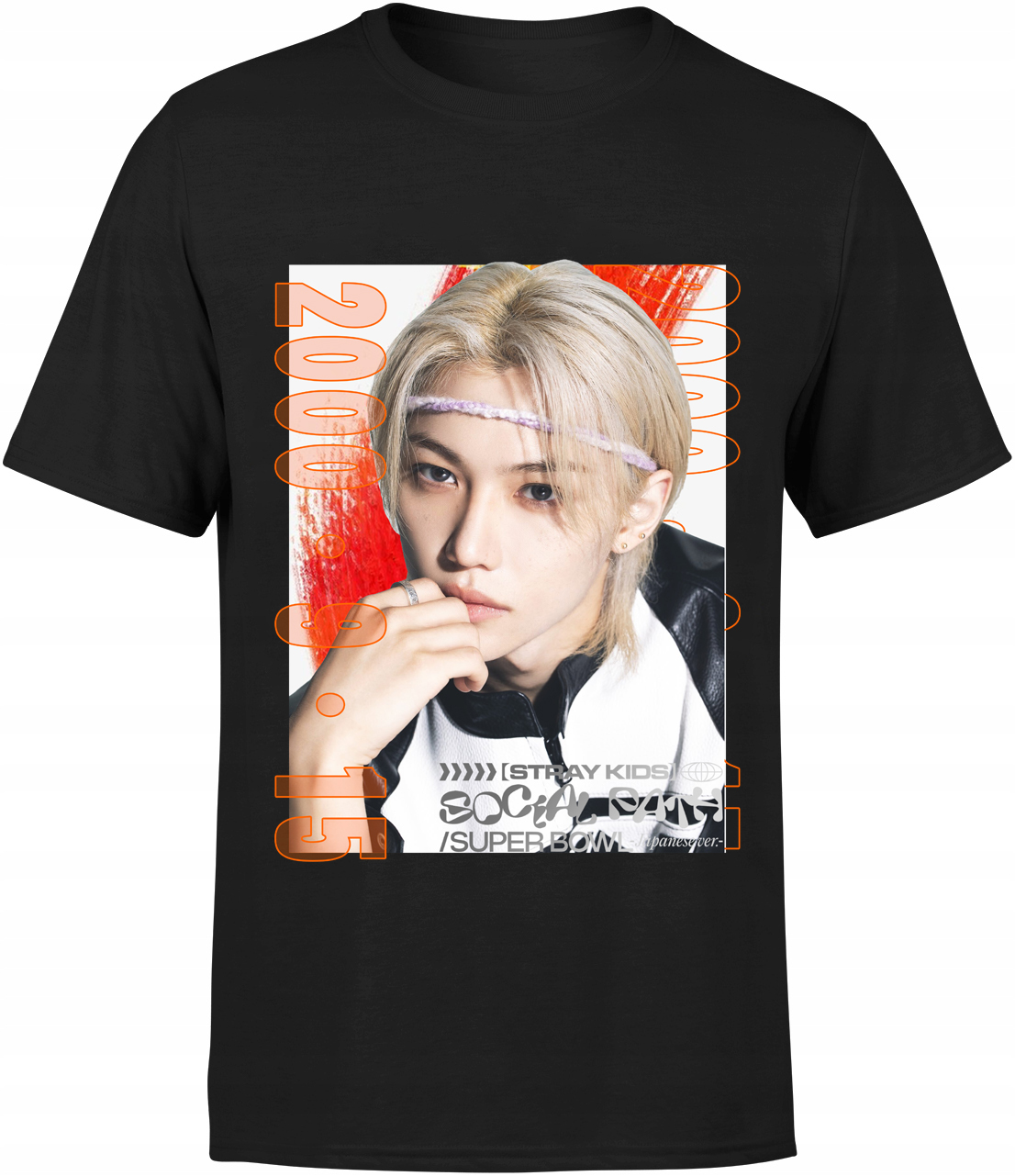 Koszulka K-pop Stray Kids Felix, Wysoka Jakość, 100% Bawełna, Czarna, Rozmiar M