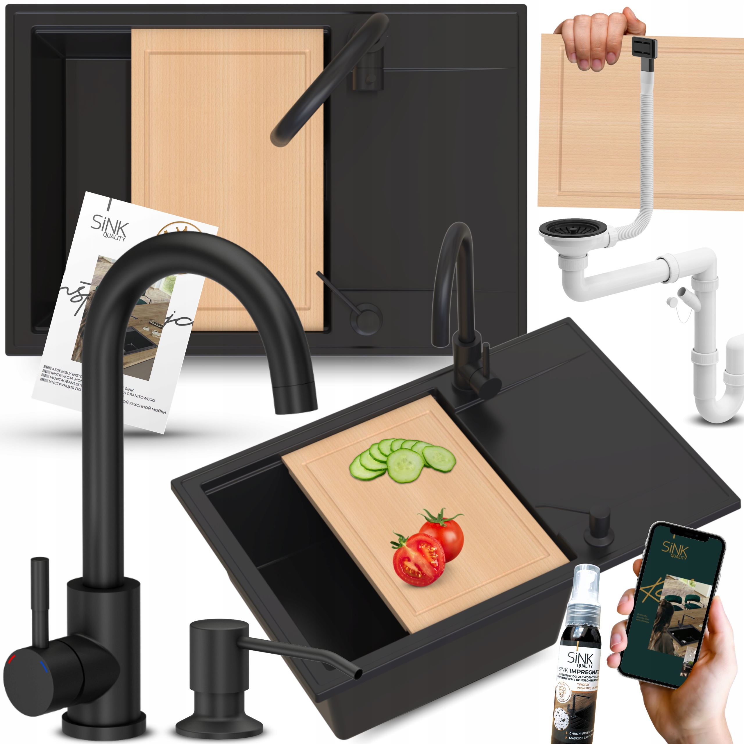 Granitový Dřez Deska Kuchyňská Baterie Dávkovač Na Kapalinu Odkapávač 10V1