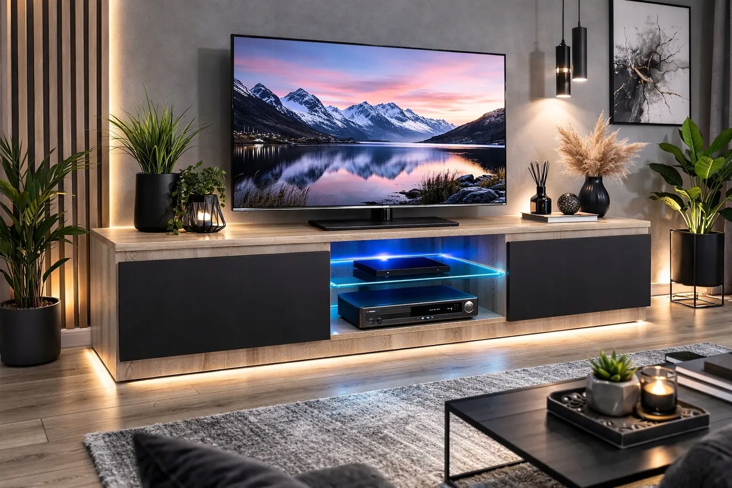 Rtv skříňka 140 Cm Dub Sonoma 140 Cm Černá Přední Led 18 mm S Tlumením Dovírání