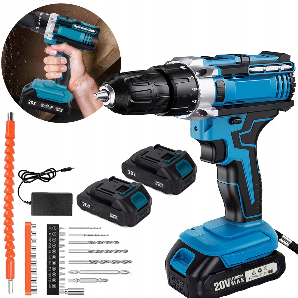 Akumulátorová vrtačka 2x baterie 1300 mAh 25+3 momentový Led držák kovový