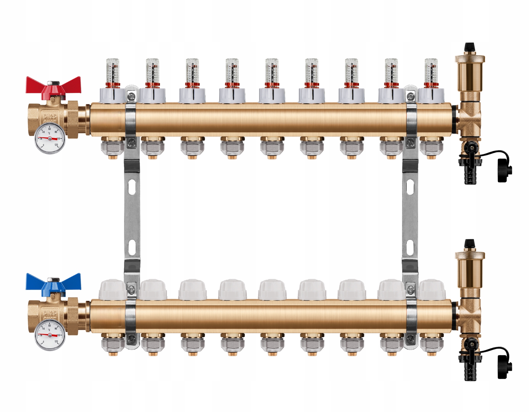 Rozdělovač Podlahy 9 Okruhů Jednoduchý Kulový Ventil Teploměr Pex