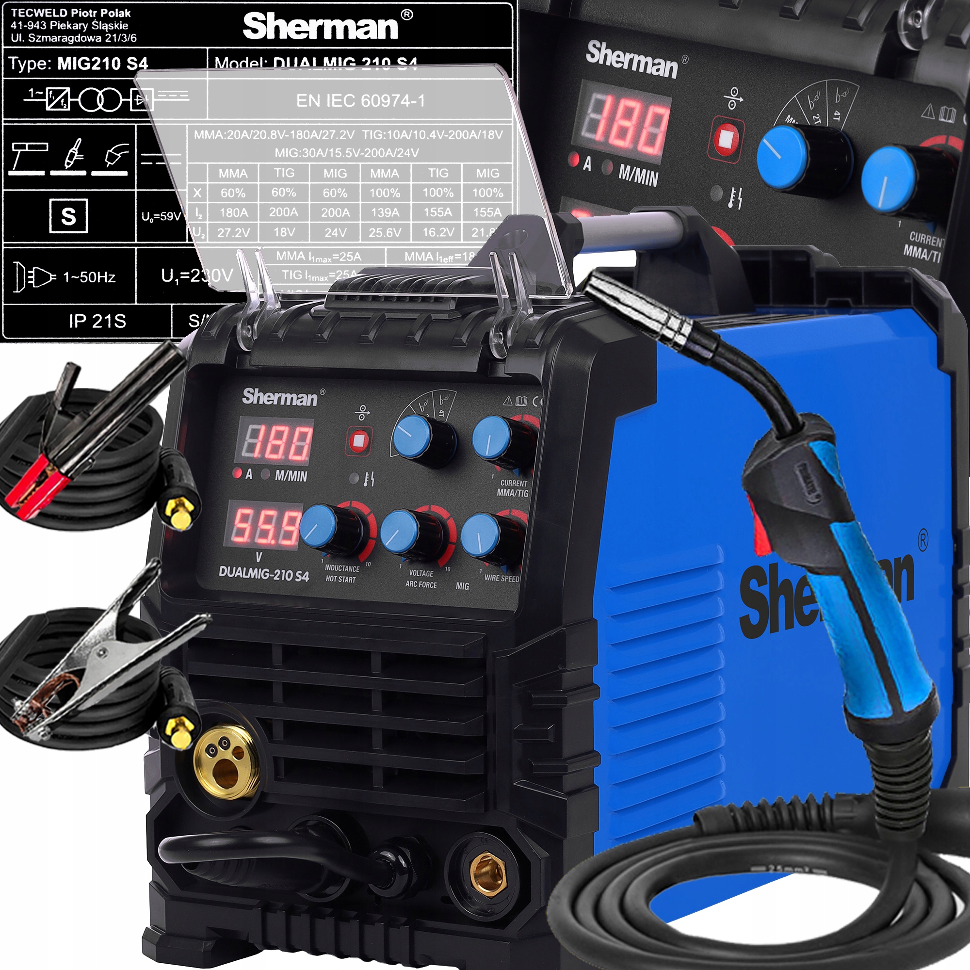 Svářečka invertorová Mig/mag Sherman Dualmig 210 S4 200A 2T 4T 230V Igbt