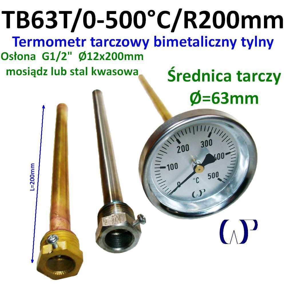 Bimetalový kotoučový teploměr TB63T/0-500°C s kyselým krytem G1/2" 200 mm