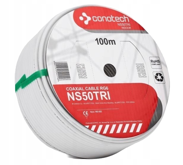 Kabel antenowy koncentryczny RG-6 RG6 Cu miedź trishield NS50 odcinek 100 m