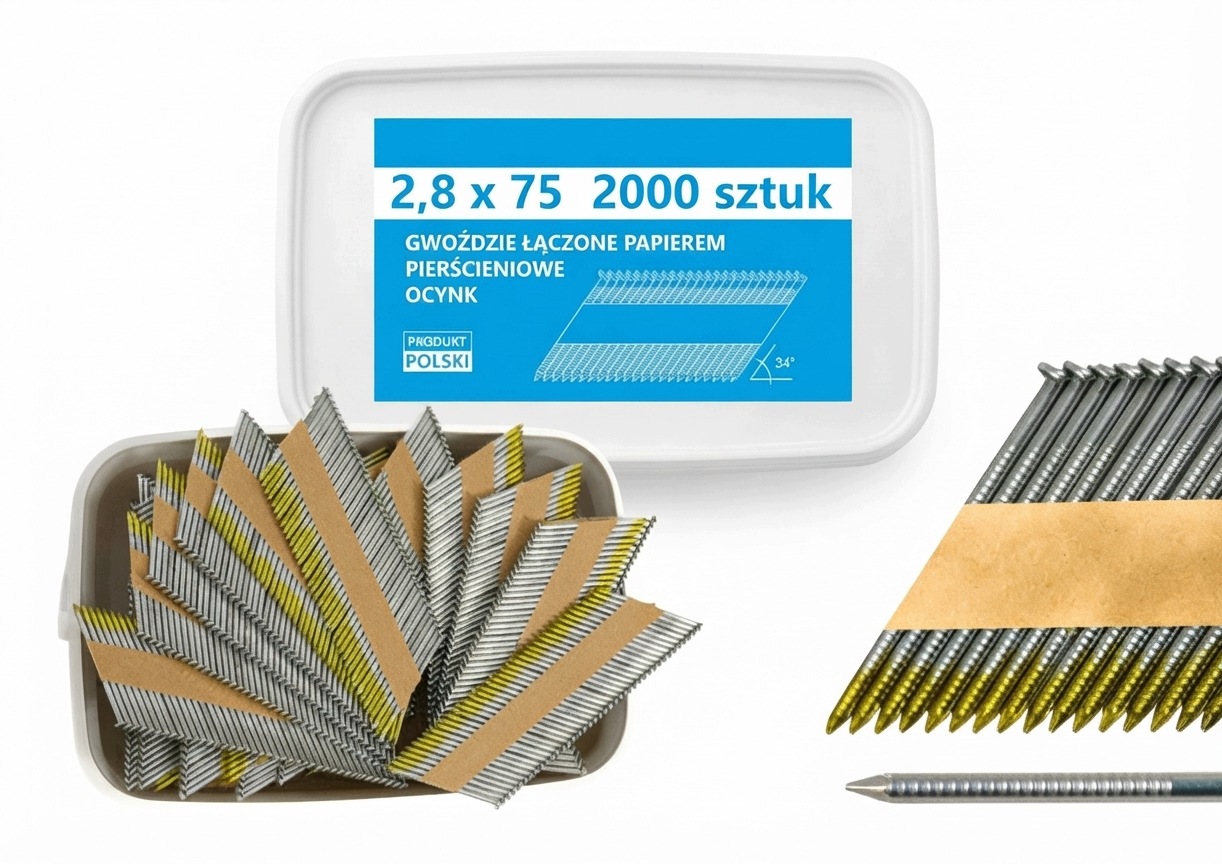 Hřebíky do hřebíkovačky spojené papírem 2,8x75mm 34° 2000ks Pozink P.