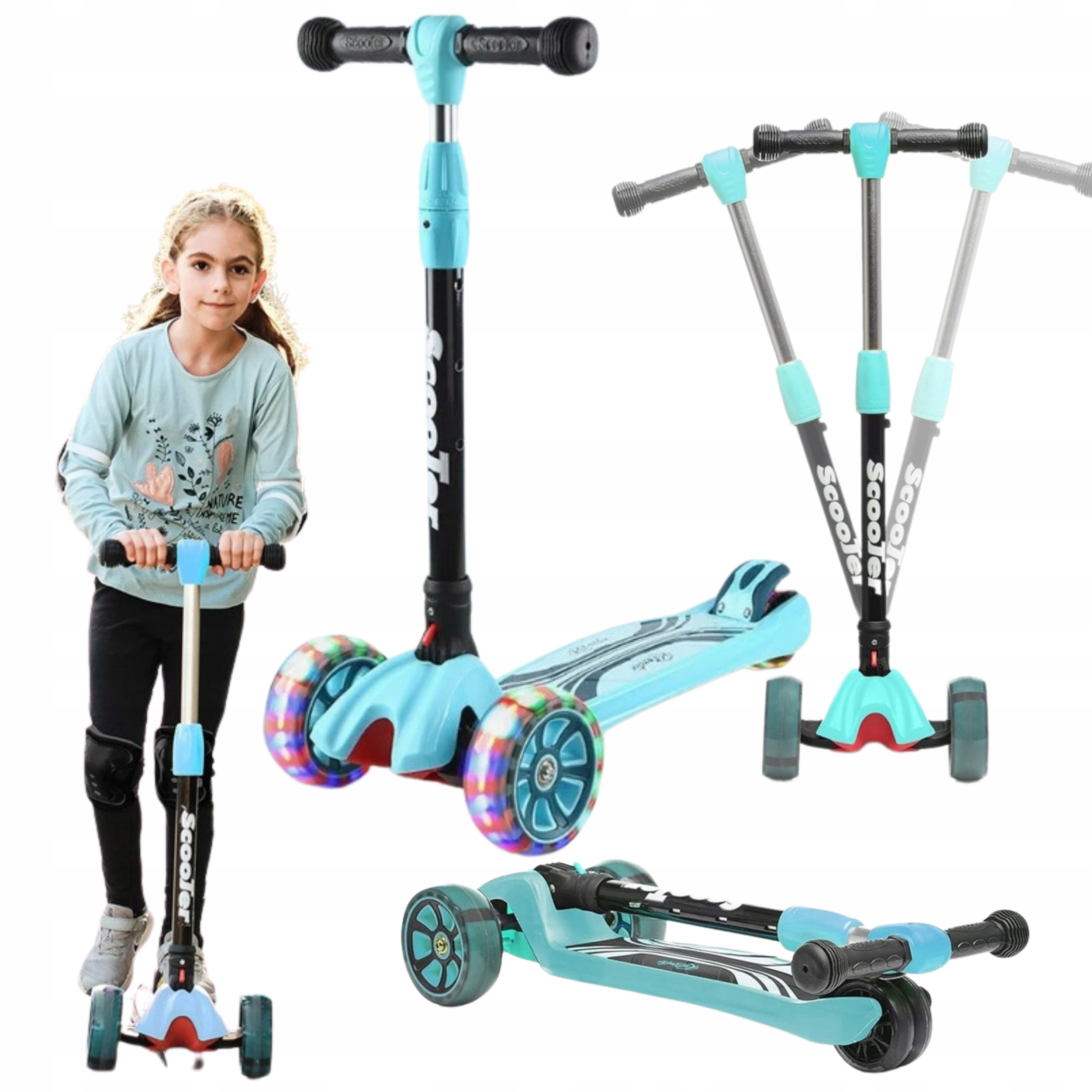 Hulajnoga Trójkołowa Led Składana Wytrzymała Do 80KG Regulowana Kierownica