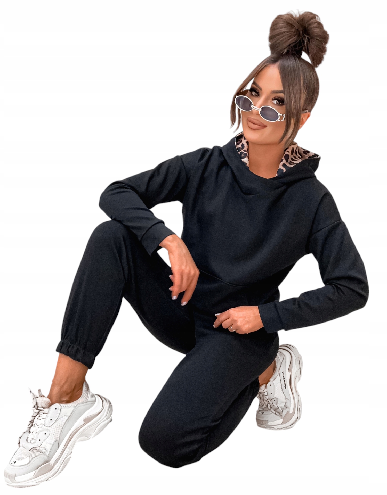 Polski Komplet Dres Bawełniany Bluza Z Kapturem Panterka r. L XL Czarny