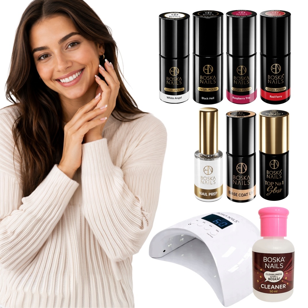 Zestaw Startowy Do Manicure Hybrydowego Paznokci Lampa Lakiery Boska Nails