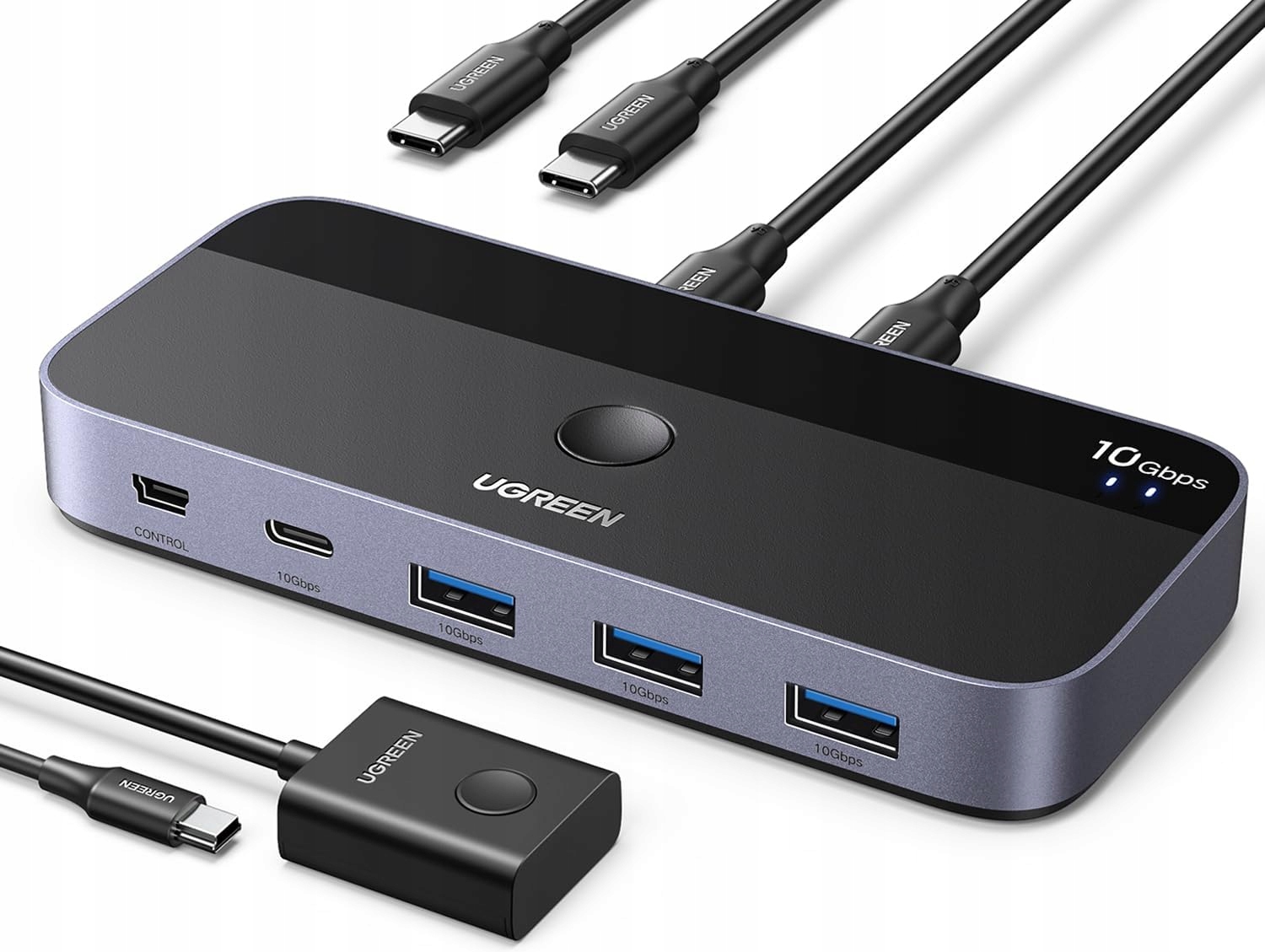 Ugreen Přepínač Usb-c 2-4 10Gbps s dálkovým ovládáním a 2 kabely